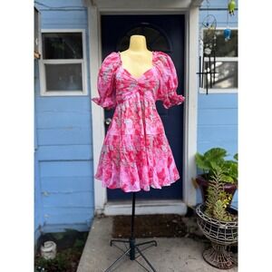 Bohemian Floral summer Dress‎ Puff Sleeve Sweetheart Neck Pink size m WKND WYFR